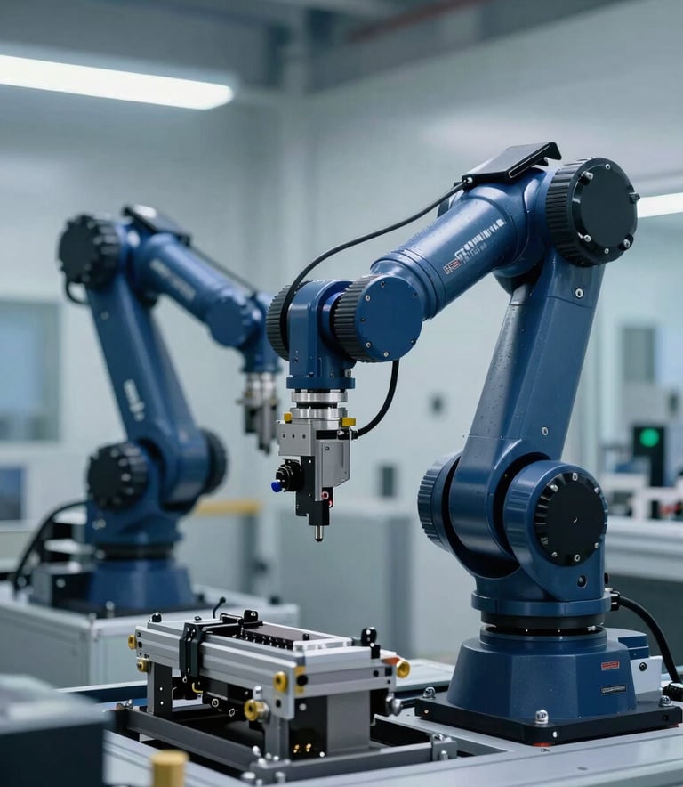 Photography of a high-precision robotic arm assembly line in a clean, modern industrial facility. The scene is dominated by deep midnight blue and muted dark blue colors, emphasizing technical excellence. The setting reflects a modern Spanish factory with cool, precise lighting.