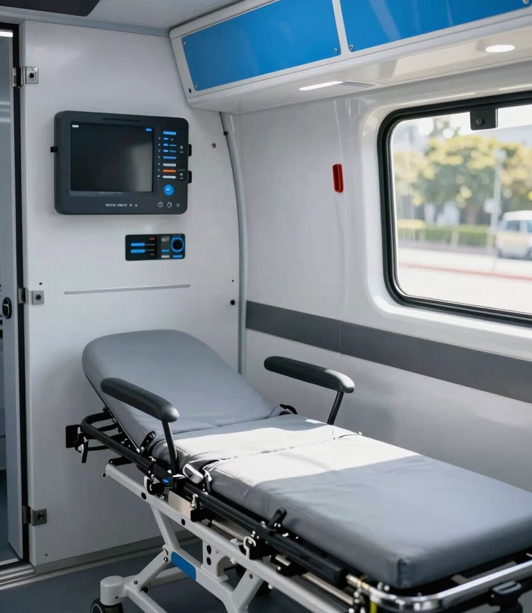 A close-up photograph showing the interior of a modern, clean ambulance in Buenos Aires, Argentina. The scene features high-tech medical equipment and a comfortable stretcher, bathed in bright, reassuring daylight. The color palette includes soft gray and primary blue accents, emphasizing clinical excellence and safety.