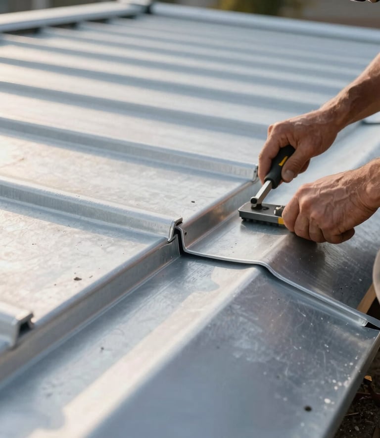 Close-up of a high-quality zinc roof installation with precise architectural joints, soft afternoon sunlight reflecting off the metallic surface, European craftsman hands in the corner using a tool, professional and clean aesthetic.