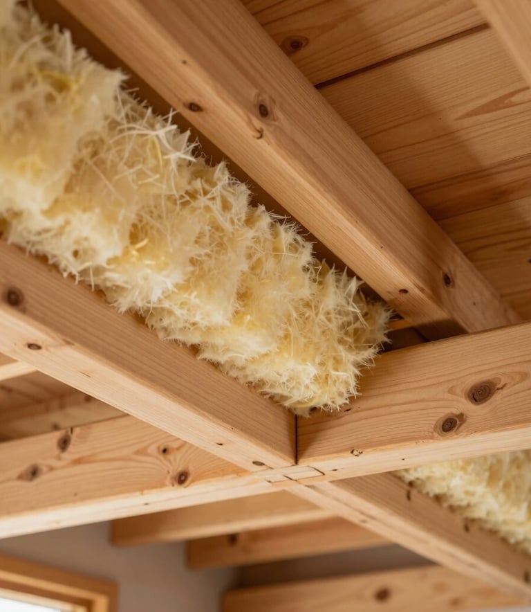 Close-up of high-quality mineral wool insulation being meticulously fitted between wooden rafters in a bright attic, European / French construction style.