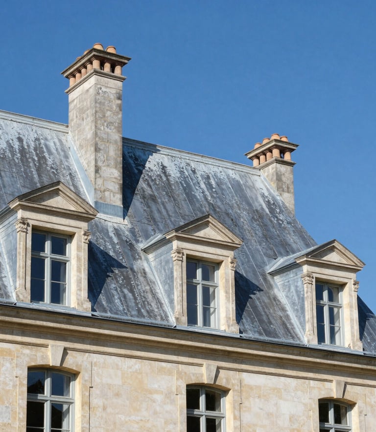 Professional architectural photography of a renovated French manor with a stunning new zinc roof and elegant stone chimneys, clear blue sky.