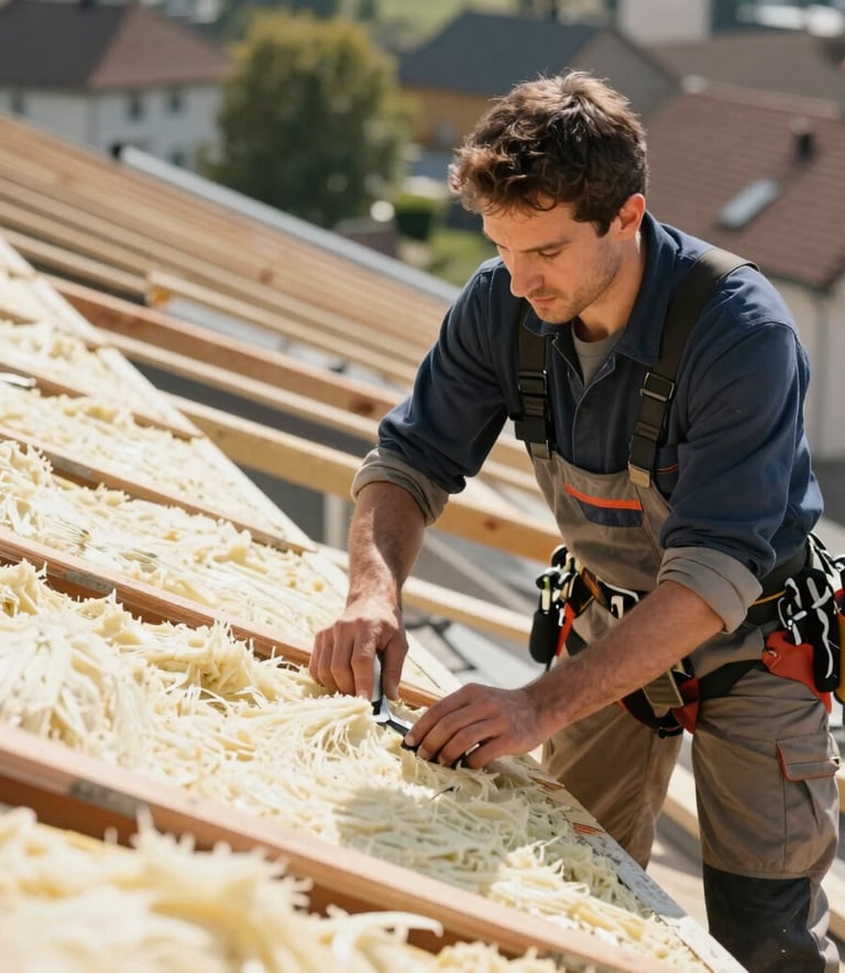 A professional roofer in clean work clothes installing insulation boards on a roof frame, European setting, focused expression, bright natural lighting, emphasizing craftsmanship.