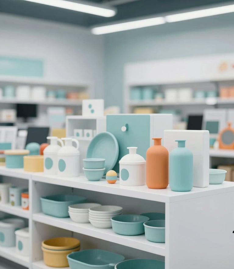 A professionally organized display of diverse merchandise including premium office supplies, toys, and kitchenware, arranged in a modern showroom setting. The lighting is clean and bright, incorporating tones of #98AFC0 and #F4F7F8 to convey a sense of variety and quality.