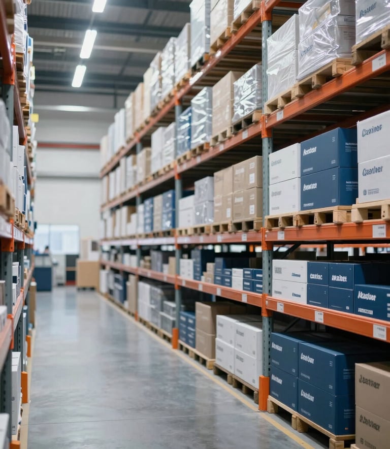 An expansive and ultra-clean modern warehouse interior with high-reaching shelves organized perfectly with brand-name boxes. The scene captures efficiency and scale, featuring a palette of #0A192A and #98AFC0 under bright, natural studio lighting for a trustworthy business impression.