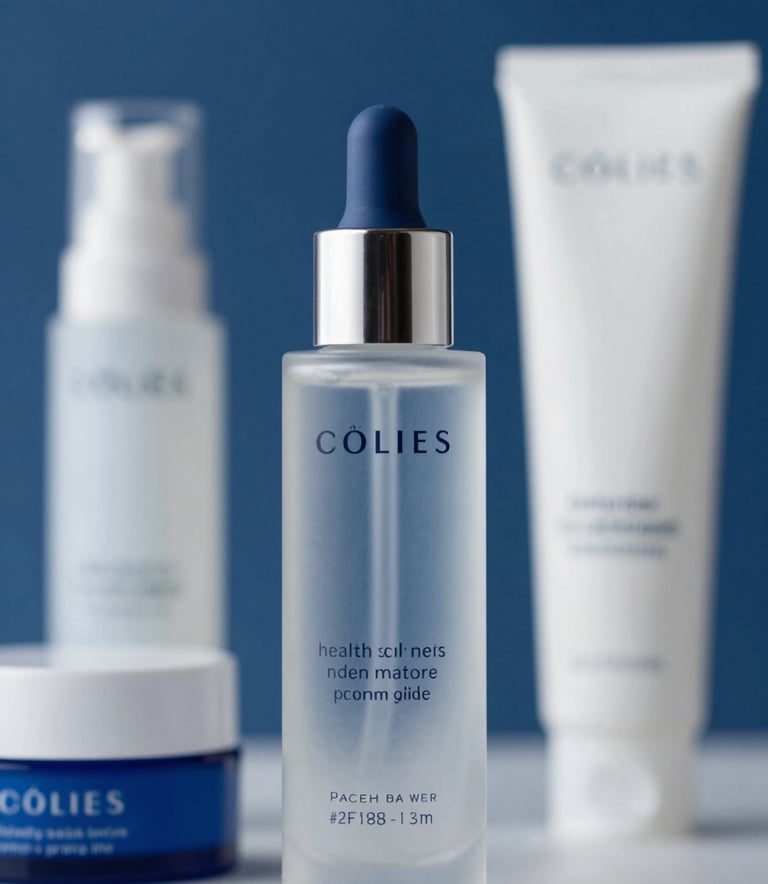 Close-up of high-end health and beauty products with sleek, modern packaging. The shot is well-lit and professional, emphasizing reliability and brand-name quality. Uses #2F4858 and #98AFC0 as accent colors in the background.