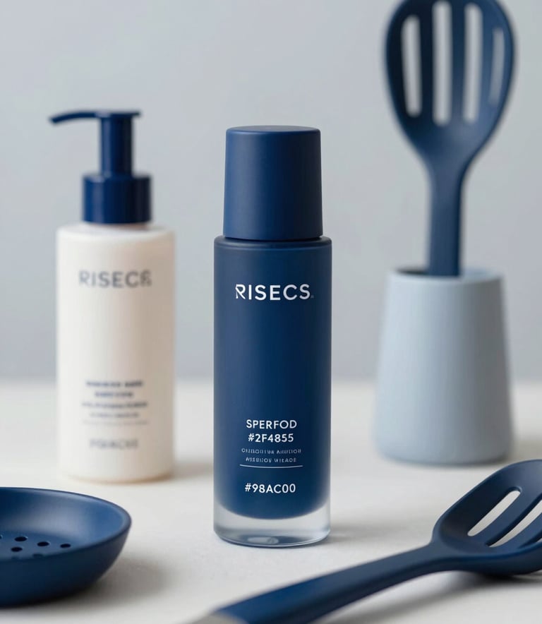 A professional close-up shot of high-quality retail products, including a designer cosmetic bottle and a modern kitchen tool, arranged on a clean, minimalist surface. The lighting is bright and crisp, emphasizing quality and trust. The composition incorporates brand tones of #2F4858 and #98AFC0 to reflect a professional business aesthetic.