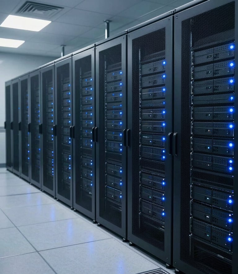 Interior view of a professional data center in the US, neat rows of server cabinets with soft blue LED indicators, polished floors, bright and clinical environment representing high-tech reliability.