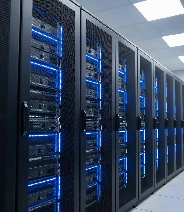 A modern data center aisle in North America with clean, glowing blue LED server racks, bright professional lighting, and a feeling of immense security and reliability.