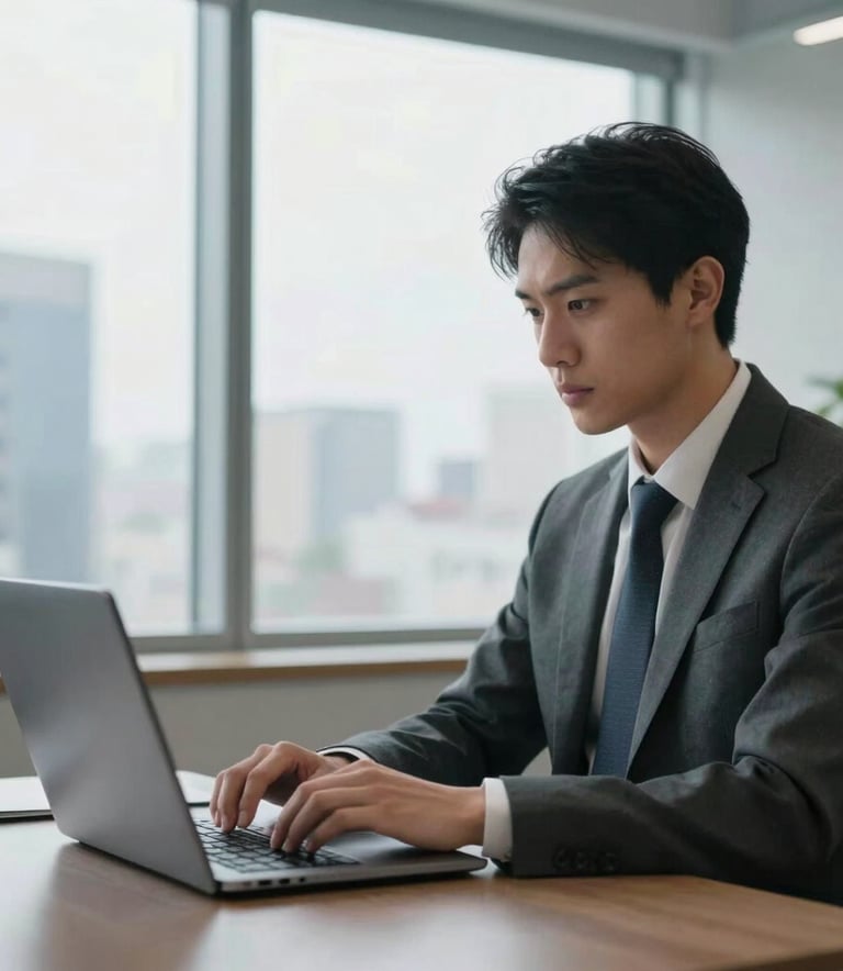 A professional IT specialist in business attire working on a laptop within a clean, modern North American office setting, large windows in the background showing a cityscape, daylight lighting.