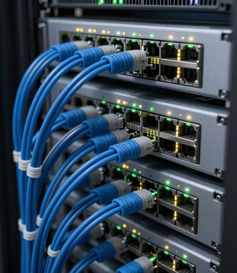 Macro photography of a professional network server rack with organized blue and grey cables, glowing status indicator lights, clean and cool lighting, symbolizing stability and expert technology management in a North American data center.