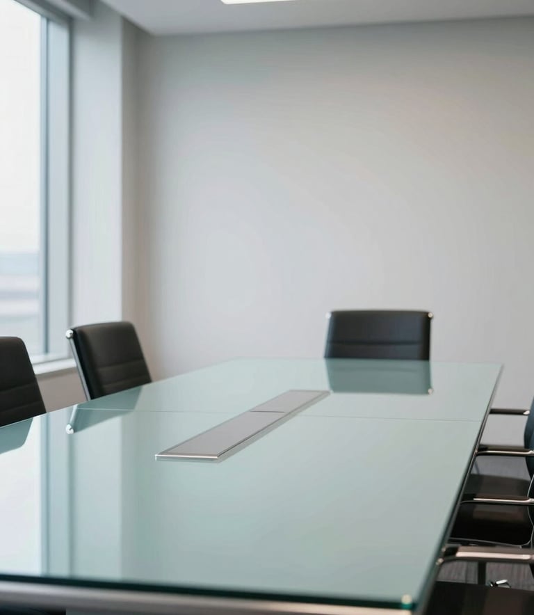 A sophisticated North American boardroom setting with clean architectural lines, featuring a glass table reflecting light mint and steel blue accents.