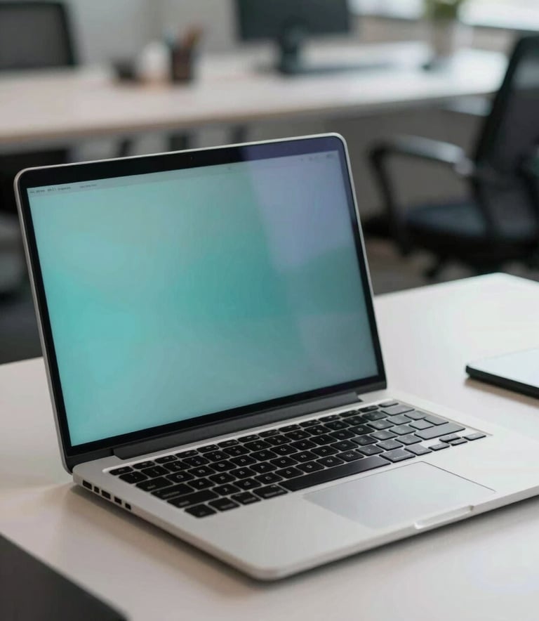 A close-up photograph of a sleek, high-end workstation in a North American / US Professional office. A laptop sits on a minimalist desk with soft teal and soft blue lighting reflections on the screen. The background is slightly blurred, showing a clean, modern workspace with a sophisticated atmosphere.