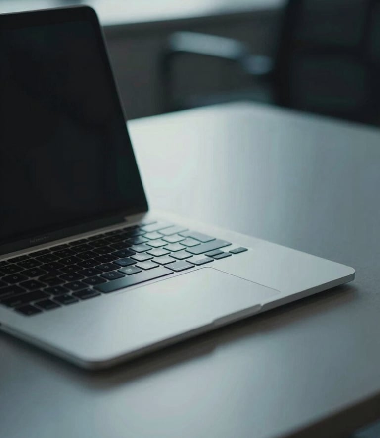 A close-up of a sleek laptop on a minimalist desk in a North American office, with muted teal and steel blue tones in the lighting, professional and focused atmosphere.