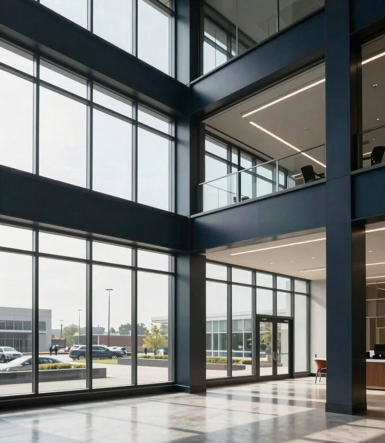 A wide-angle professional photograph of a contemporary North American office building interior with large windows and dark navy structural accents. The space is bright and airy, reflecting a high-authority and modern brand presence.