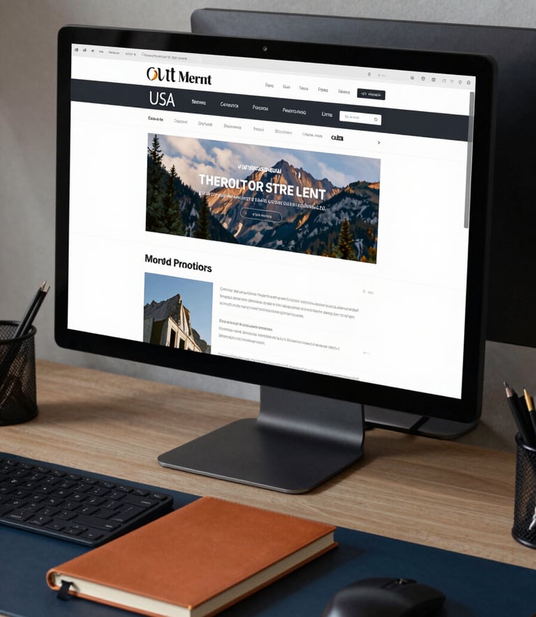 A sleek, modern North American / US workspace featuring a large monitor displaying a professional website layout. The lighting is soft and intuitive, with a burnt orange notebook and dark slate blue desk accessories.