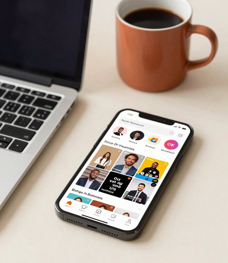 A close-up of a high-end smartphone and laptop in a North American / US office setting, displaying vibrant social media profiles. The environment is clean and professional, with a warm terracotta coffee mug and soft cream desk surface.