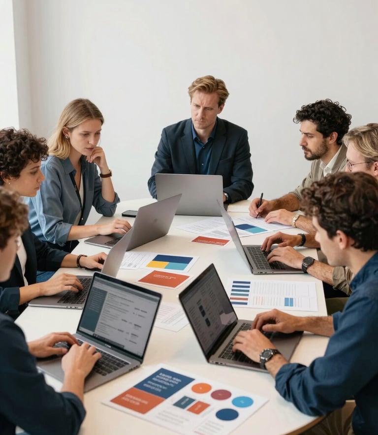 Photography of a professional team in a North American / US agency, brainstorming around a Soft Cream table with Terracotta and Muted Blue accents on their laptops and mood boards in a bright studio.