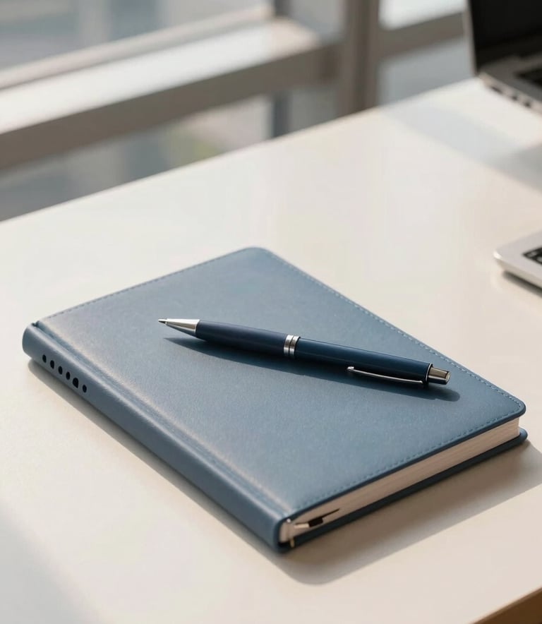 Photography of a sleek, modern workstation in a high-rise North American / US office, featuring a Muted Blue notebook and a Dark Slate pen on a Soft Cream desk, with warm sunlight filtering through the window.