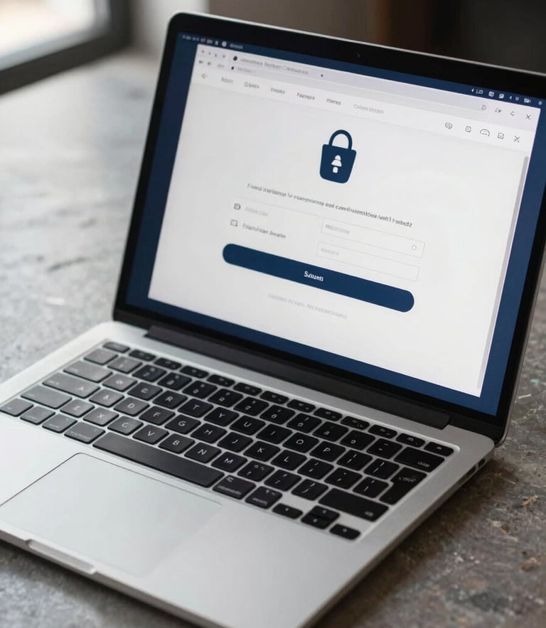 A close-up of a sleek, high-end laptop on a polished stone desk displaying a secure payment gateway interface, professional North American / European business setting, soft morning light, accents of dark blue and light grey.