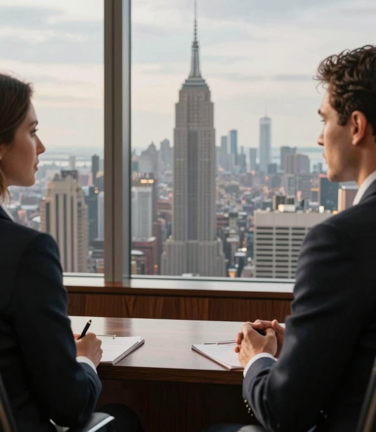Close-up photography of a professional business consultation in a high-rise office overlooking a North American skyline, soft morning light hitting mahogany and glass surfaces, pale cloud gray walls, North American / European business.