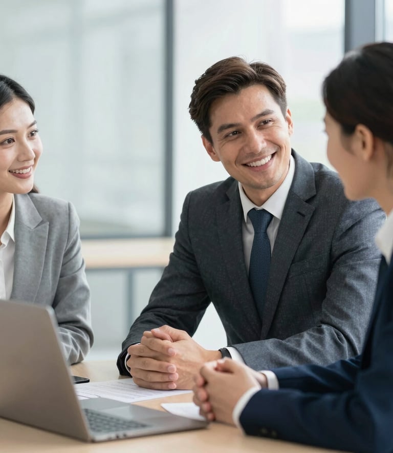 Two focused business professionals in tailored suits discussing market strategies in a minimalist, sun-drenched glass boardroom, North American / European business environment, authoritative and trusting mood.