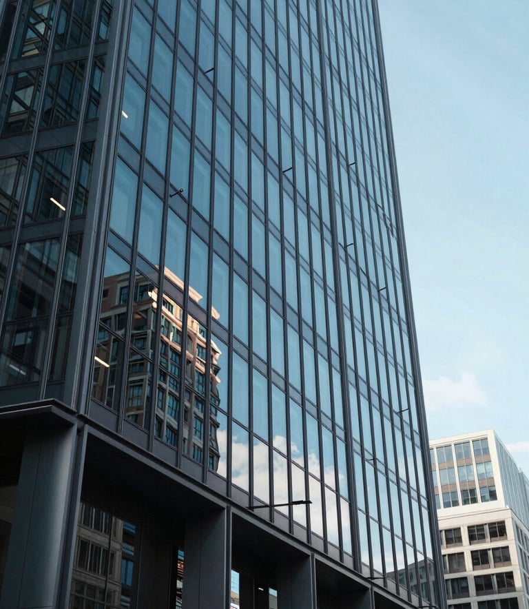 Photography of a sleek, modern glass office building in a major European financial district, low angle shot, bright daylight, midnight blue and soft steel blue accents in reflections, North American / European business context.