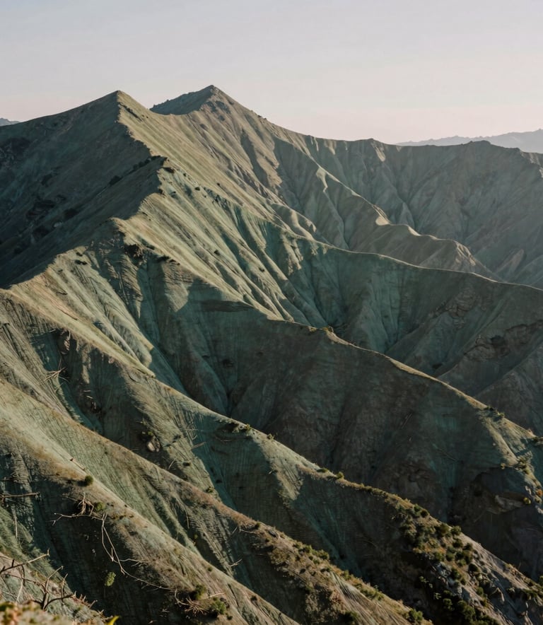 A wide-angle landscape photograph of a sun-drenched mountain ridge in North America, symbolizing strength and endurance, with soft sage green and charcoal tones in the early morning light.