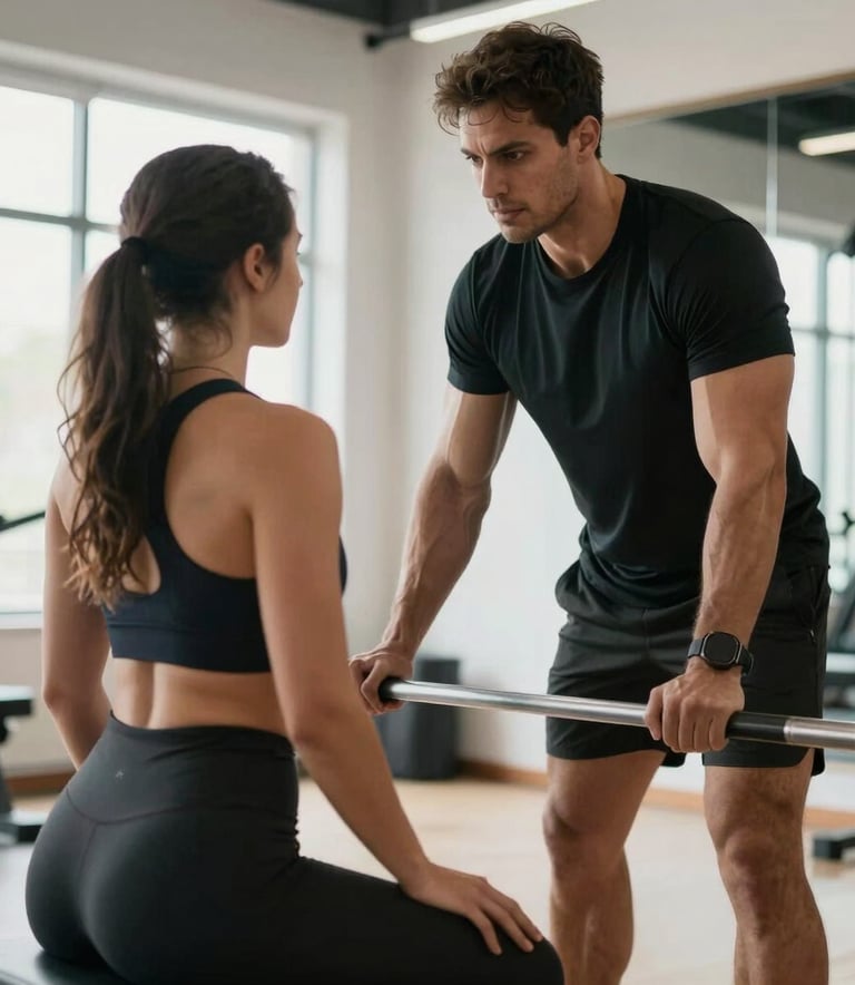 A fitness professional in a modern North American studio provides expert coaching to a motivated client, focused on functional movement and strength, bright natural light.