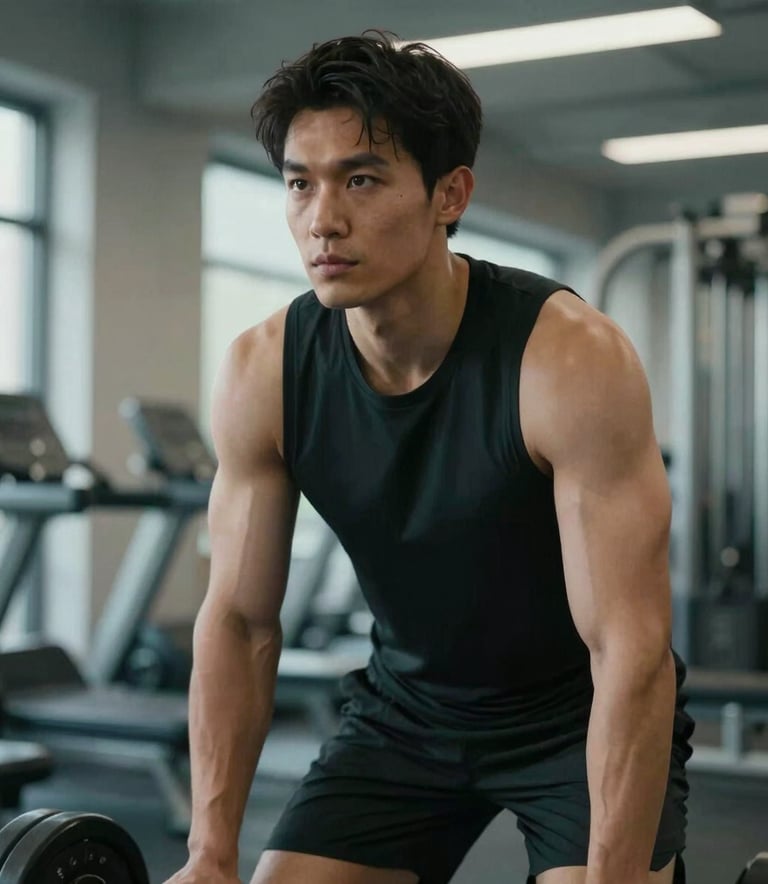 A medium shot of an athlete focused and determined, preparing for a workout in a premium fitness facility. The setting is clean and functional, with subtle sage and muted blue lighting highlights.