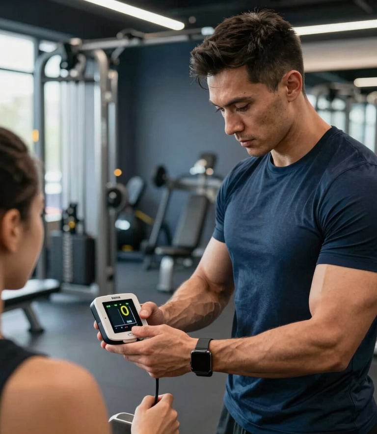 A professional fitness coach in a sleek, modern North American training center, checking a heart rate monitor on a client. The lighting is bright and airy with deep slate and muted blue tones in the background equipment.