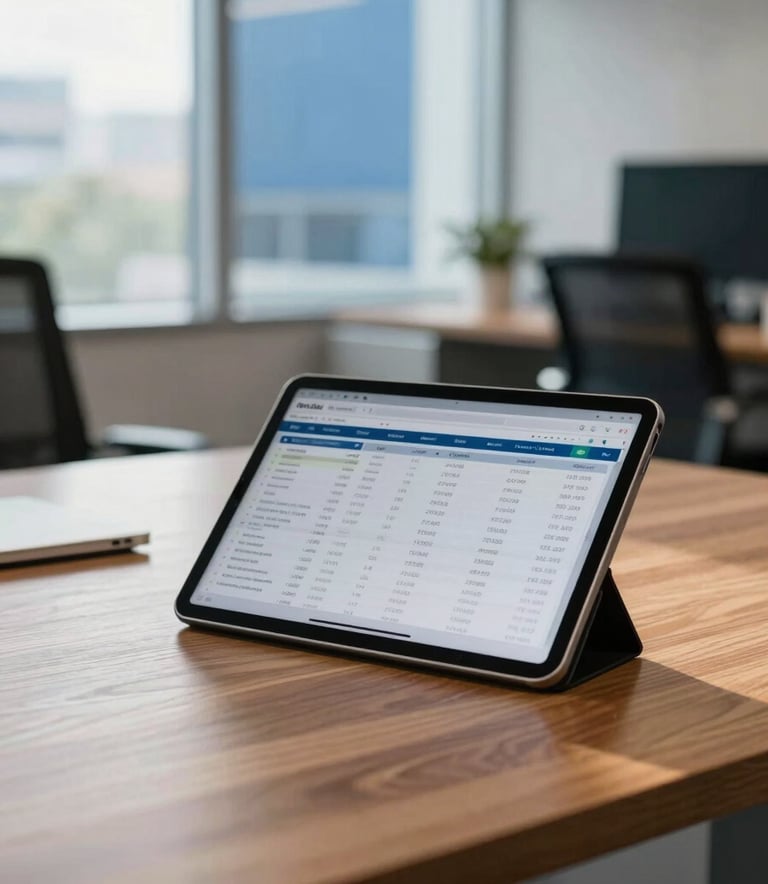 A professional and modern office interior in North American / US, featuring a polished wooden desk with a silver tablet displaying financial data, blurred background with soft medium blue accents and natural sunlight streaming through large windows.