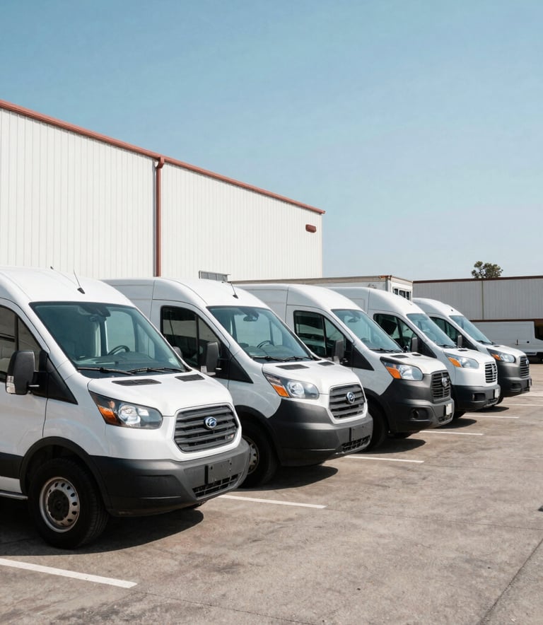 A diverse fleet of commercial vans and trucks lined up in a bright industrial parking lot under a clear sky, North American / US commercial setting, sharp focus.