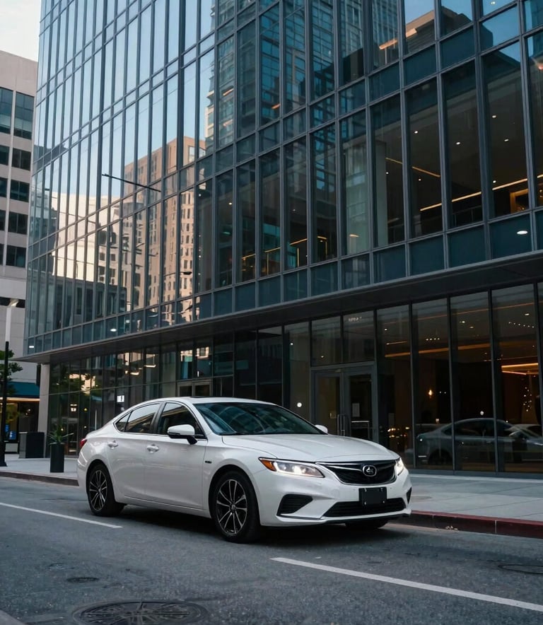 A wide-angle shot of a modern city street in North American / US, focusing on a high-end, clean sedan parked near a contemporary glass building, with light blue sky and reflections of dark blue architectural elements.