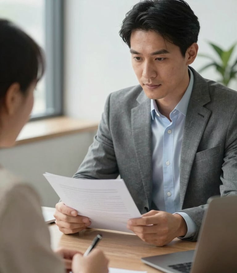 A professional financing consultant in a bright, modern office reviewing documents with a client, North American / US setting, professional and trustworthy atmosphere, soft natural lighting.