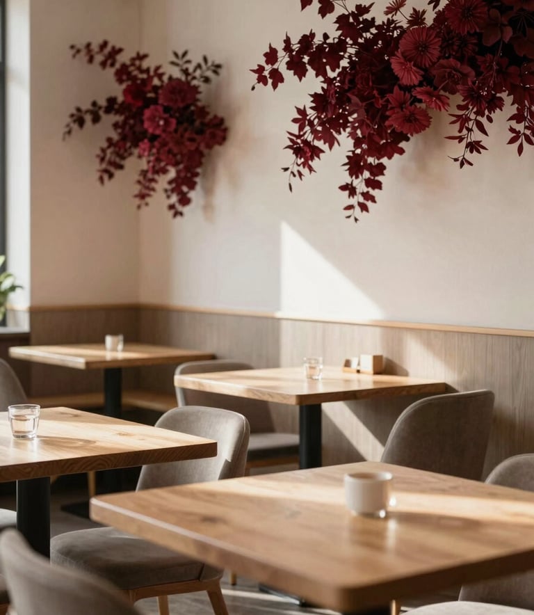 A cozy, Scandinavian-style restaurant interior with light wooden tables, crisp parchment walls, and deep ripe crimson floral accents. Empty and peaceful morning light.