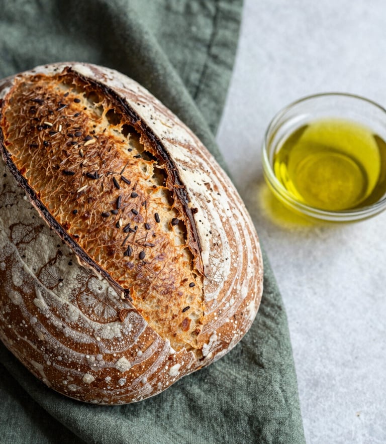 A close-up shot of an artisanal sourdough loaf on a matte forest green linen cloth, next to a small bowl of olive oil on a crisp parchment surface. Soft, Scandinavian-style natural light.