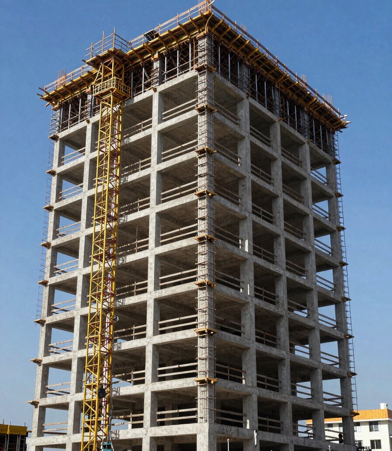 A modern construction site in Ivory Coast with rising scaffolding and a high-rise structure under a bright blue sky. Professional atmosphere, depicting progress and stability in West African architecture.