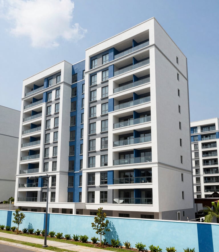 Wide-angle photograph of a modern residential development in Abidjan, showcasing clean lines and contemporary architecture under a bright sky, with accents of medium blue and light blue in the landscape design.