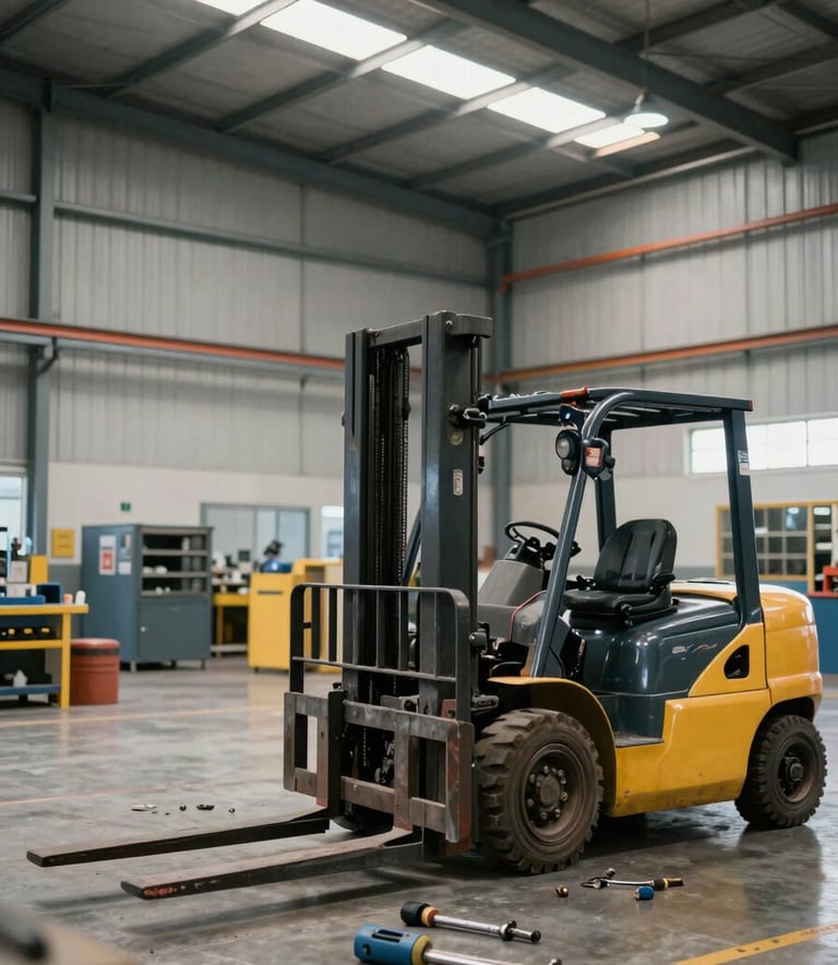 Wide-angle photograph of a modern industrial warehouse in Brazil, a forklift being serviced in the foreground with professional tools neatly arranged, soft natural light, clean and organized workspace.