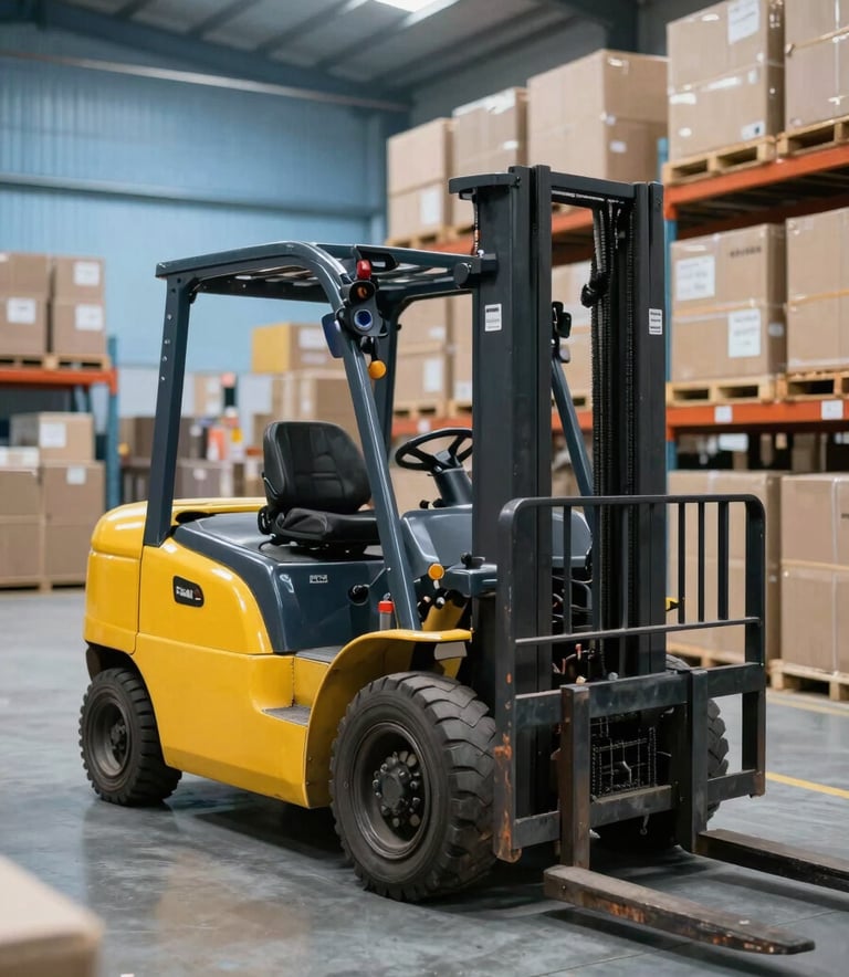 Wide shot of a modern Brazilian logistics warehouse. In the foreground, a perfectly maintained yellow forklift stands ready. The atmosphere is professional and efficient, with light blue and amber tones in the lighting. High-quality commercial photography.