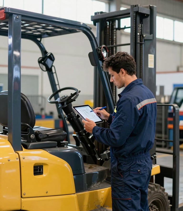A South American mechanic in a professional navy blue uniform uses a tablet to check technical diagrams next to a large yellow forklift. The setting is a bright, clean, and organized industrial workshop in Brazil. Photography, sharp focus, natural light coming from high windows.