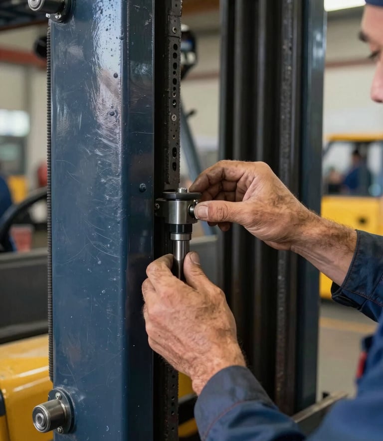 A close-up shot of a mechanic's hands adjusting a component on a forklift mast, sharp focus on the technical work, professional lighting, industrial setting in a South American warehouse, hints of navy blue and golden yellow in the background.