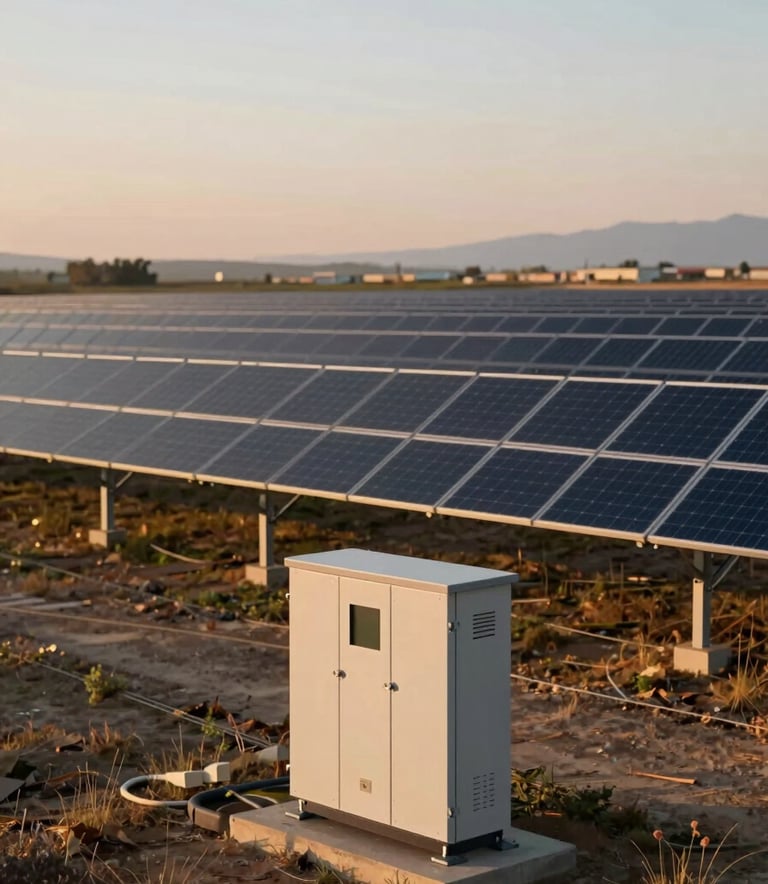 A wide shot of a vast solar farm during the golden hour. In the foreground, a modern inverter unit stands cleanly designed. The mood is forward-thinking and trustworthy. The palette features #0A1F26 shadows and #8EC1BA highlights.