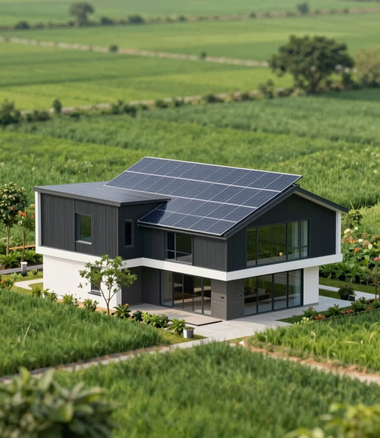 An wide-angle view of a contemporary sustainable home with sleek solar panels integrated into the architecture. The surrounding environment is a lush, vibrant green. The image uses a clean, intuitive aesthetic with a color palette including #0A1F26 in the architectural details and #EBF5F4 in the bright highlights.