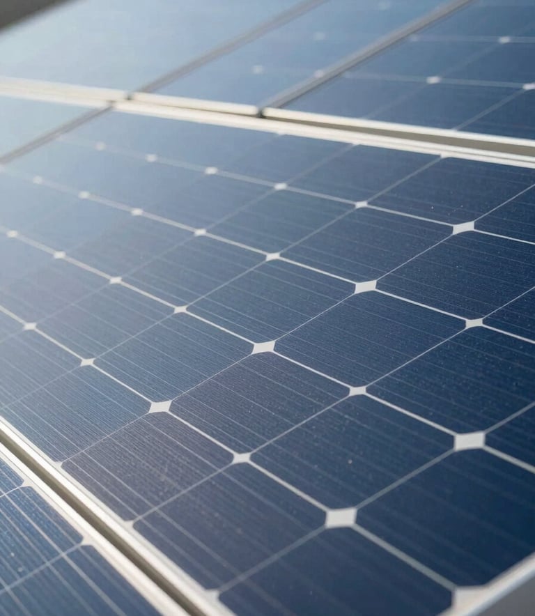 A close-up, high-angle shot of sleek, modern solar panels reflecting a clear blue sky. The composition highlights the geometric patterns of the cells. The lighting is bright daylight, emphasizing efficiency. Colors incorporate #2D6F7C and #8EC1BA accents.