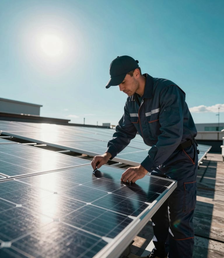 A professional technician in a clean uniform inspecting a modern solar panel installation on a rooftop. The sun is shining brightly, creating a high-contrast, sharp image. The sky is a deep teal hue #2D6F7C, and the atmosphere is forward-thinking and efficient.