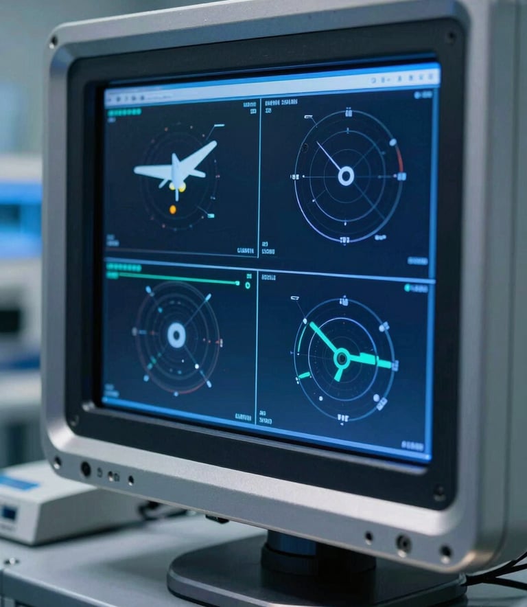 A close-up of a high-tech aviation safety monitoring system in a professional North American / US laboratory, featuring steel blue and deep blue lighting on metallic surfaces, conveying innovation and technical expertise.
