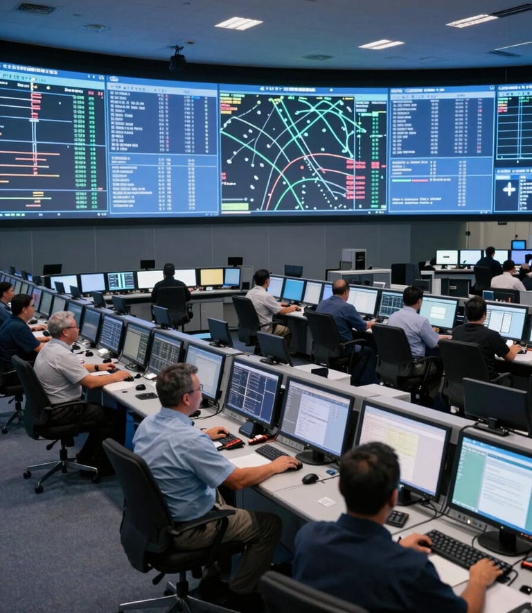 A wide-angle shot of a high-tech North American / US air traffic control center. Multiple professionals are seated at consoles with large digital displays showing flight paths. The atmosphere is calm, secure, and professional, bathed in a soft blue light.
