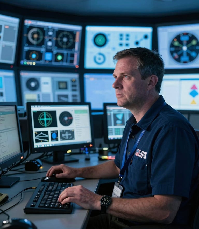 A professional in a North American / US aviation control center, surrounded by advanced communication tech, lit with deep blue and soft ice blue tones, looking focused and authoritative.