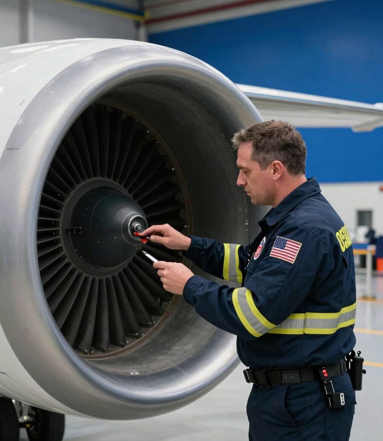 A focused aviation safety inspector in North American / US professional gear, examining the interior of a jet engine in a clean, modern hangar. The lighting is crisp, highlighting the metallic textures and the inspector's precision, with soft blue and deep blue shadows in the background.